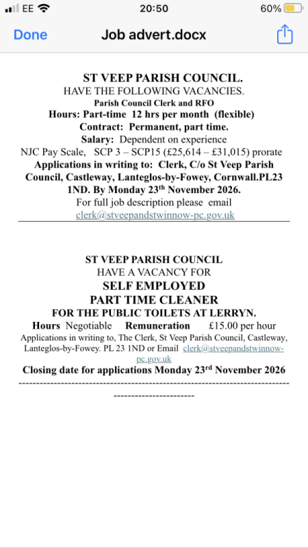 St Veep Parish Council  vacancies
